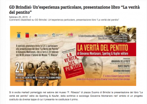 Brindisi Libera - un'esperienza particolare presentazione del libro La verità del Pentito - 25 febbraio 2015