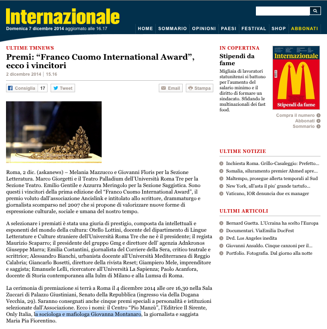 Premio Franco Cuomo International Award Giovanna Montanaro - Internazionale 2 dicembre 2014