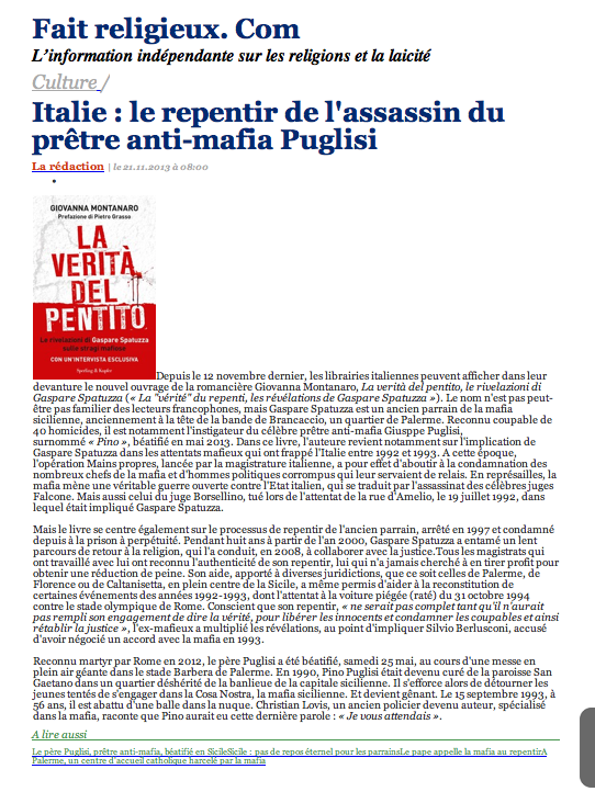 Fait Religiuex: Italie : le repentir de l'assassin du prêtre anti-mafia Puglisi